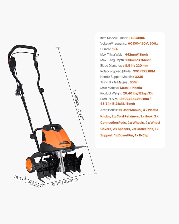 VEVOR 12 Amp Electric Tiller, 18" Tilling Width & 3.94" Tilling Depth, Corded Electric Cultivator with Adjustable Wheels, Steel Mn Tines, Rototiller for Garden Lawn Easy Soil Digging Cultivation