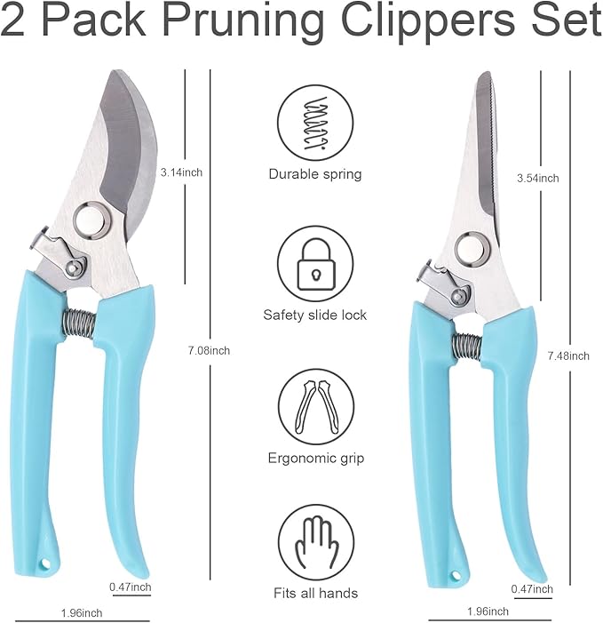 2 Pack Pruning Shears, Stainless Steel Garden Shears, Sharp Bypass & Straight Blade Garden Scissors, Comfortable Grip & Safety Lock for Pruning, Cutting and Fruit Picking