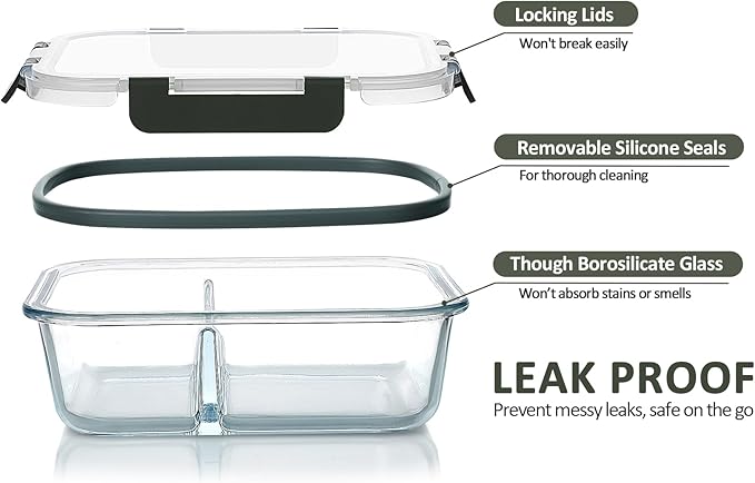 M MCIRCO [5-Pack,36 Oz] Glass Meal Prep Containers 2 Compartments Portion Control with Upgraded Snap Locking Lids Glass Food Storage Containers, Microwave, Oven, Freezer and Dishwasher (4.5 Cups)