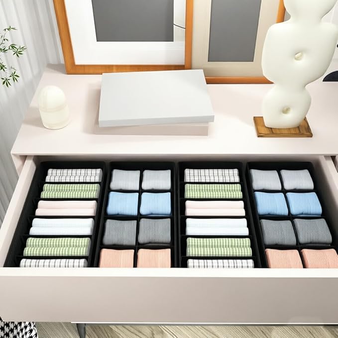 4 PACK Sock Underwear Drawer Organizer Dividers, Collapsible Cabinet Closet Storage Boxes for Clothes, Socks, Lingerie, Underwear, Tie, Belt,Bedroomedroom