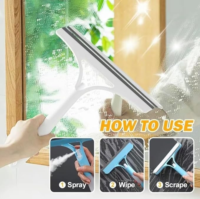 3 in 1 Spray Window Squeegee Cleaner Scraper, Window Squeegee Cleaner Tool with Spray Bottle for Shower Glass, Mirrors, Car, Home Window Cleaner Tool (White)