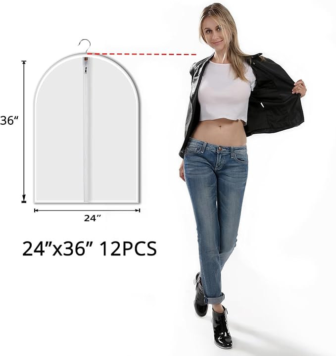 MsKitchen 12 Pack Shirt Garment Bags (24x36") - Dustproof Short Suit Covers - Durable PEVA Closet Bags with Sturdy Zipper for Blouses, Jackets, Sweaters & T-Shirts (Translucent)