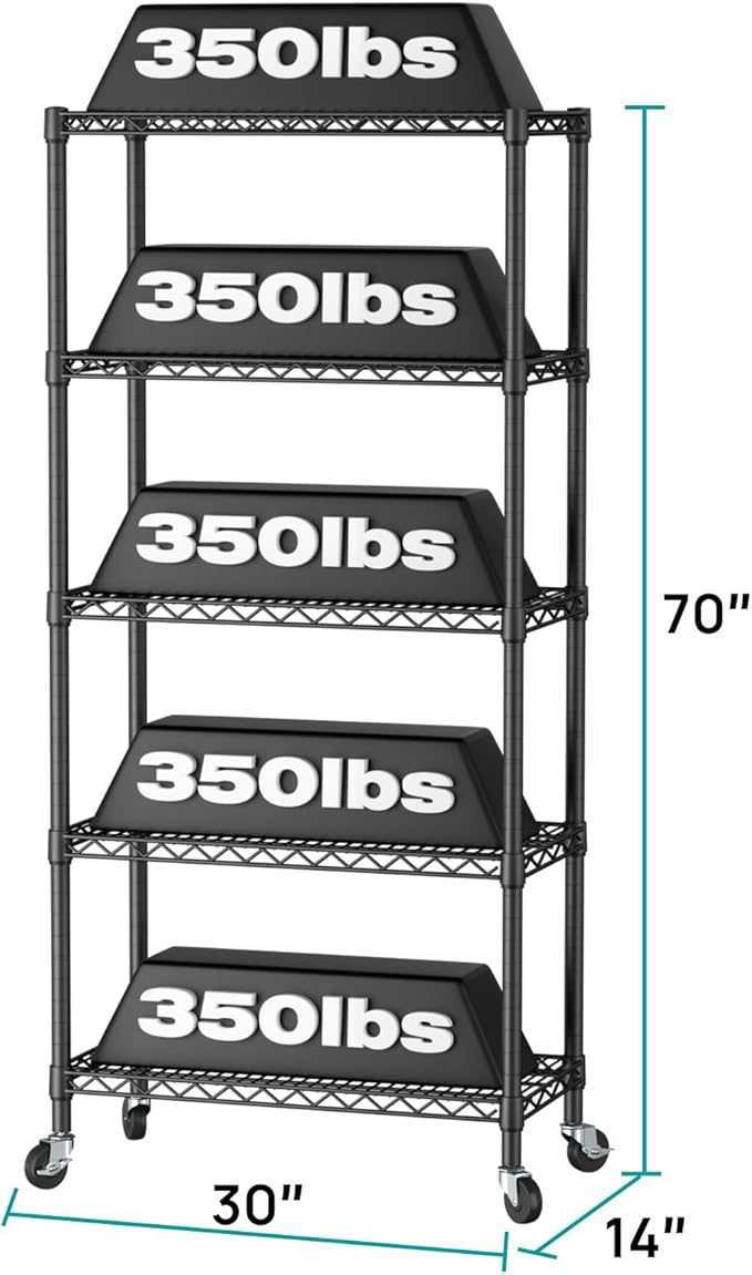 SINGAYE 5 Shelf Storage Wire Shelves Closet Bathroom Organizers Metal Pantry Kitchen Garage Shelving Unit Laundry Room Organization Home Narrow Rack Net Basket with Wheels Black