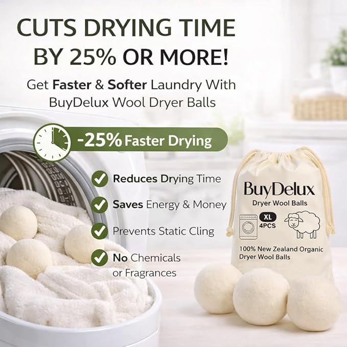 Wool Dryer Balls 4 Pack XL 7cm, 100% New Zealand Wool, Reusable 1000+ Loads, Natural Fabric Softener Alternative, Reduces Static & Wrinkles.