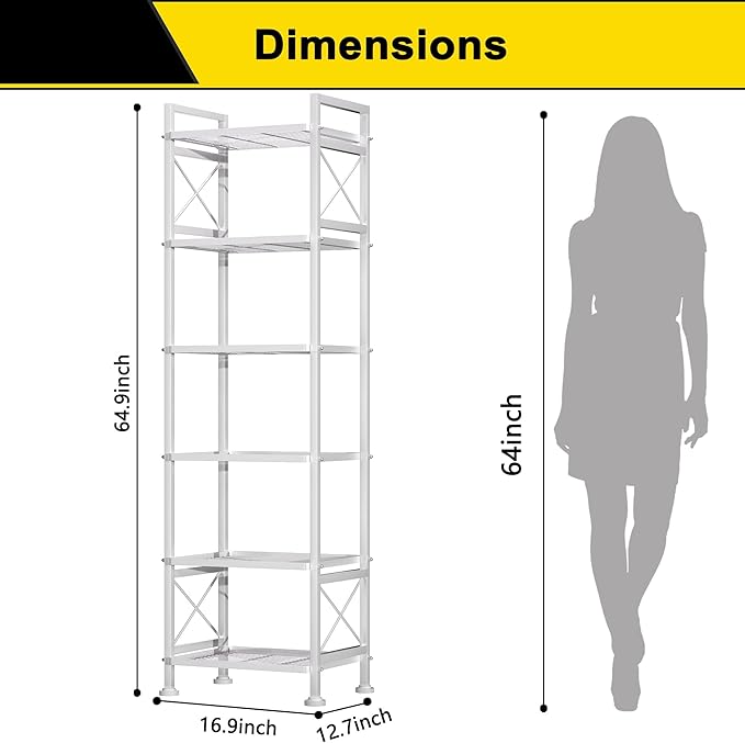 GIOTORENT Pantry Storage Shelves, 6-Tier Metal Storage Rack with X-Shaped Side Frame, Heavy-Duty Wire Shelf for Kitchen, Bathroom, Laundry Room, 120lb/Layer, White Standing Shelves