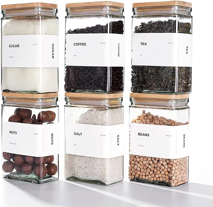 APT 1101 26 oz Glass Storage Jars with Bamboo Lid, set of 6, glass canisters with airtight lids, Clear jars with lids for Cookie, Candy, Tea, Coffee Bean and Rice (White)