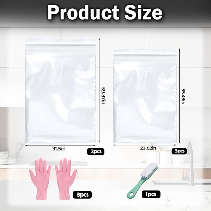 Mity Rain 5 Packs Oven Rack Cleaning Bag Kit, Reusable No-Scrub Oven Rack Cleaning Bags, Includes three gloves and one brush (three 23.62*35.43 inch and two 31.50*39.37inch) leak-resistant PE bags