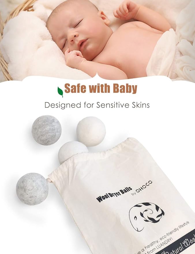 Wool Dryer Balls 6 Pack XL, Organic Natural Wool for Laundry, Fabric Softening - Anti Static, Baby Safe, No Lint, Odorless and Reusable White