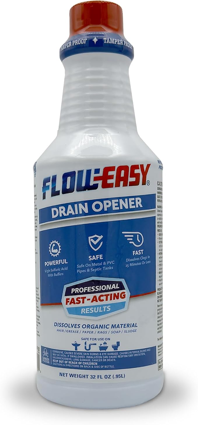 Flow-Easy Professional Virgin Sulfuric Acid Drain Opener – 6 Pack (32oz Bottles) – Fast-Acting Liquid Clog Remover for Grease, Hair, & Soap Scum – Septic Safe & Industrial Strength