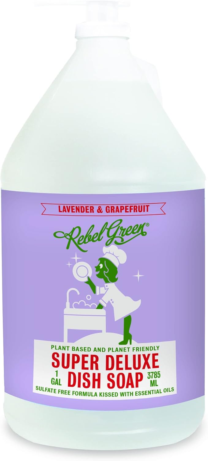 Rebel Green Super Deluxe Dish Soap - Natural Kitchen Dish Detergent - Gentle Dish Liquid Scented with Lavender & Grapefruit - (1 Gallon Refill Bottle)