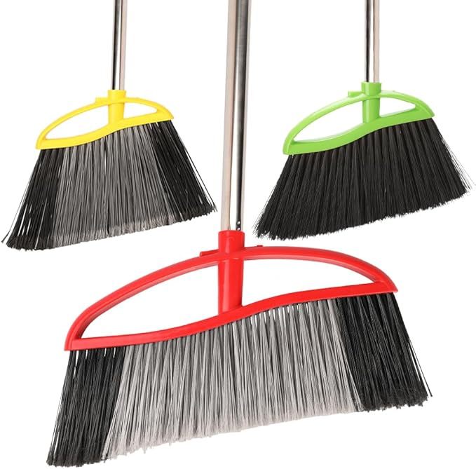 3-Pack Indoor Outdoor Broom Set with Soft & Stiff Bristles, Heavy Duty Sweeping Angle Broom for Corners, Long Handle for Garage, Warehouse, Concrete & Tile Floors