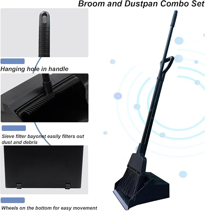 Broom with Dustpan Combo Set Outdoor Upright Dustpan and Broom Set with Long Handle Angle Broom and Dustpan Set for Garage Patio Courtyad Lobby Lawn Home Kitchen Ofiice