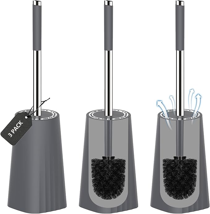 SetSail Toilet Brush, Compact Size Toilet Bowl Brush and Holder Toilet Brushes for Bathroom with Stainless Steel Handle Toilet Cleaner Brush with Durable Scrubbing Bristles, 3 Packs，Gery