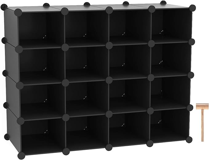 C&AHOME Plastic Shoe Rack,16-Cube Modular Shoes Storage Stand, Multifunction Closet Cabinet, Stackable Shoe Organizer Units for Bedroom Living Room Doorway, 36" L × 14.2" W × 28" H Black SRP15B