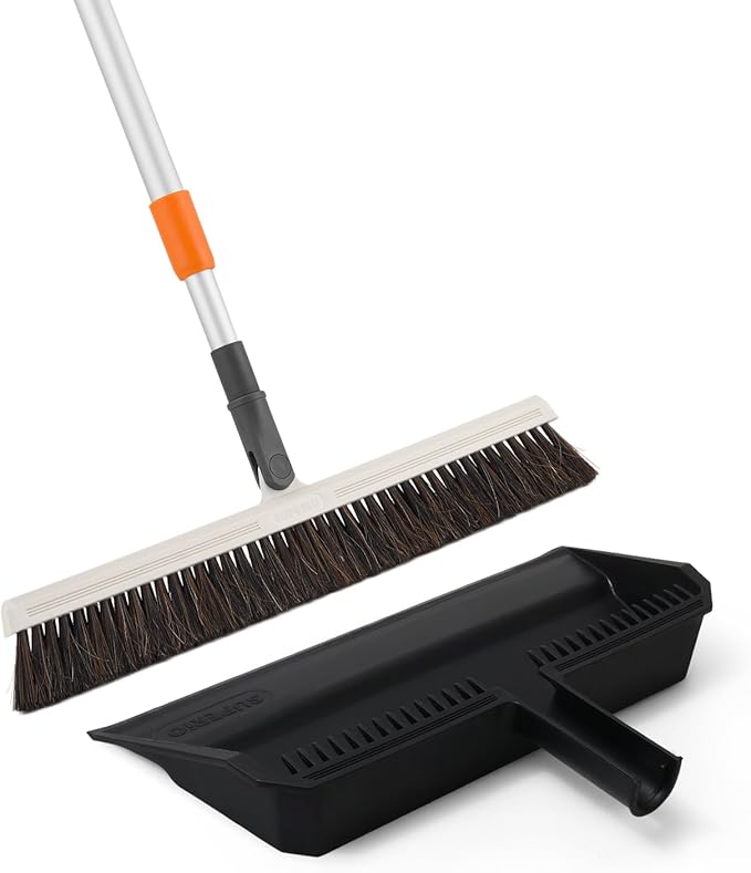 Superio 18" Horse Hair Upright Broom with Telescopic Handle & 16" Black Dustpan with Comb, Rubber Lip & Clip – Narrow Thin Dust Broom for Dog Hair – Hardwood & Tile Floor Cleaning Set – Gray/Black