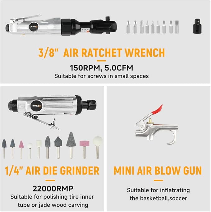Hoteche 71-Piece Air Tool Kit | 1/2" Single-Hammer Air Impact Wrench (7000RPM), 1/2" Air Ratchet Wrench & Multiple Tools, Blow-Molded Case