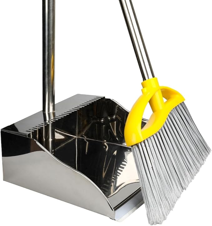 Stainless Steel Dustpan with Outdoor Stiff Bristles Broom,Long Handle Metal Dust Pan and Heavy Duty Broom for Home,Lobby,Office