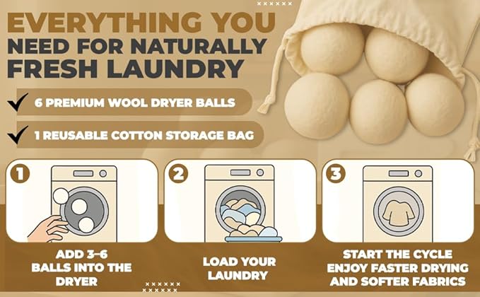 XL Dryer Balls from 100% New Zealand Wool (6-Pack), Natural & Reusable Fabric Softener Balls for 1000+ Loads, Essential Oil Ready Laundry Accesories, Reduces Wrinkles & Cuts Drying Time