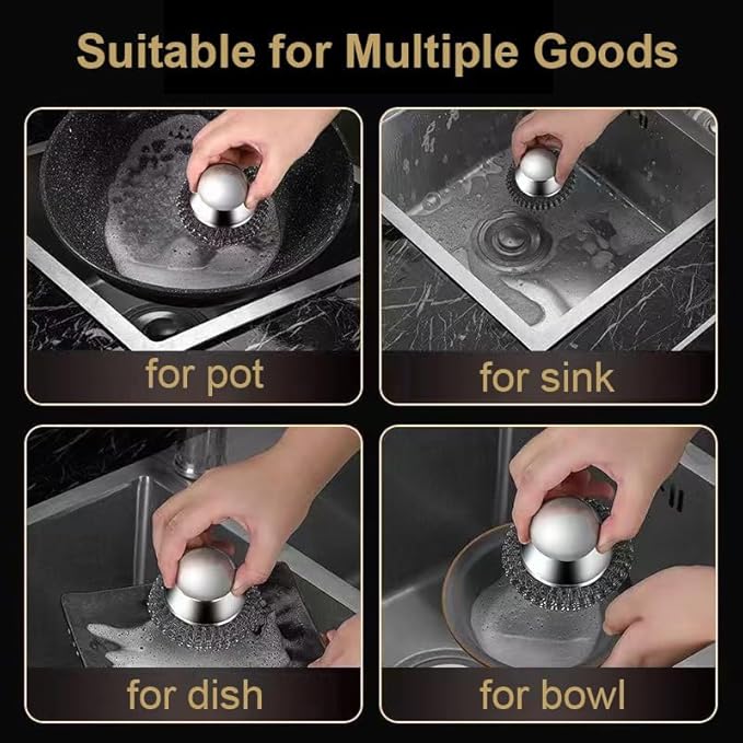Onewly 2Pack Steel Wool Dish Scrubber, Stainless Steel Dish Brush with Ergonomic Stainless Steel Handle, for Cleaning Dishes, Cast Iron, Stock Pots, Pans, Griddles, Grills