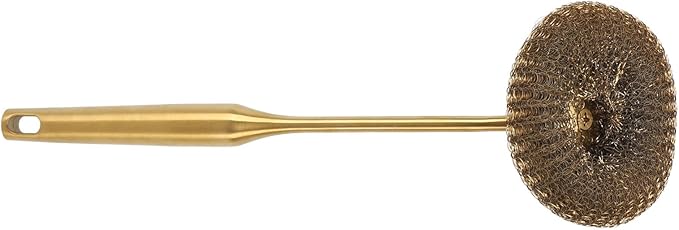Stainless Steel Wool Scrubber with Long Handle, Handheld Scrubbing Cleaner Brush Scrubbing Scouring Pad Cleansing Supplies for Pots Pans Grills (Gold)