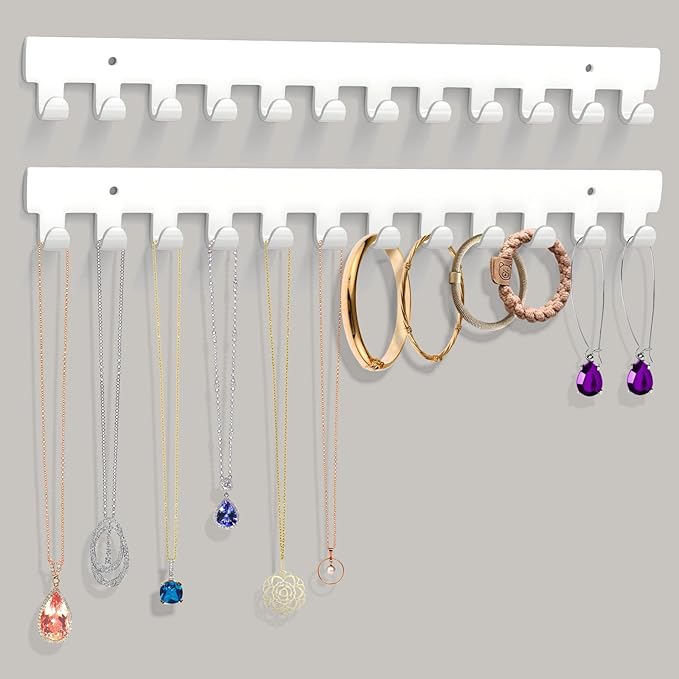 2 Pack Necklace Holder - Hanging Jewelry Organizer, Self-Adhesive, Wall Mount (White)