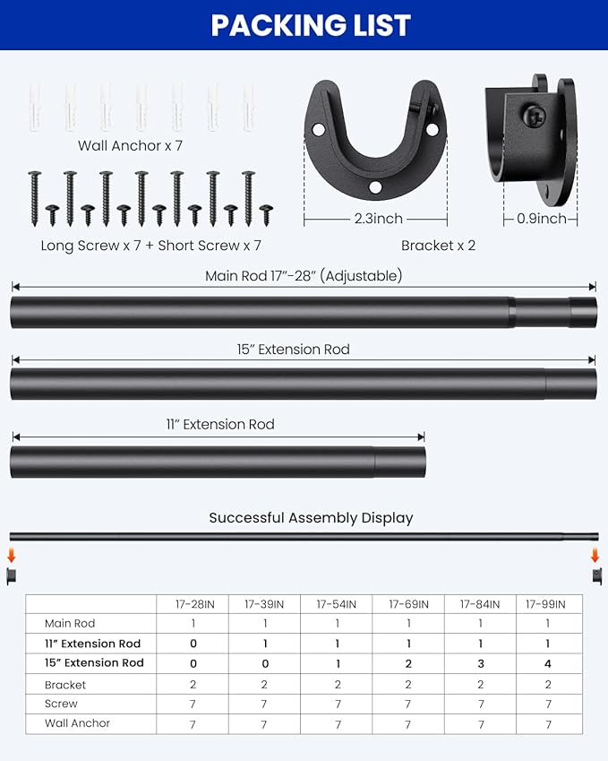 Supforce 4 PACK Closet Rods for Hanging Clothes, 17 to 39 Inches Stepless Adjustable Metal Closet Rod, 1.3 Inches Heavy Duty Clothes Hanging Rod for Closet Wardrobes Laundry RV, Black