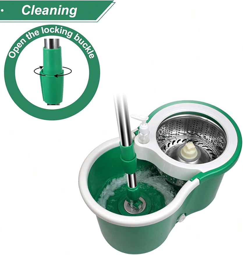Spin Mop and Bucket with Wringer Set, 360° Spinning Mop Bucket System with 3 Microfiber Mop Replacement Heads, Adjustable Handle for Floor Cleaning (Green)
