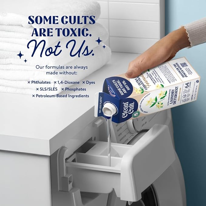 Cleancult Ultra Concentrated Liquid Laundry Detergent, 64 loads (32 oz), Long Lasting Scent, 90% Less Plastic, No Harsh Chemicals, Neroli Vetiver, Defeats Stains & Odors, HE/Standard Compatible
