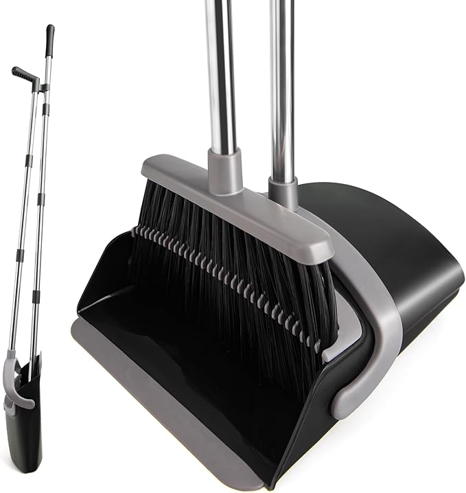 Broom and Dustpan Set, Long Handle Lightweight Dustpans with Broom Combo for Home, Indoor&Outdoor Sweeping for Home Room Kitchen Office Lobby (Charcoal)
