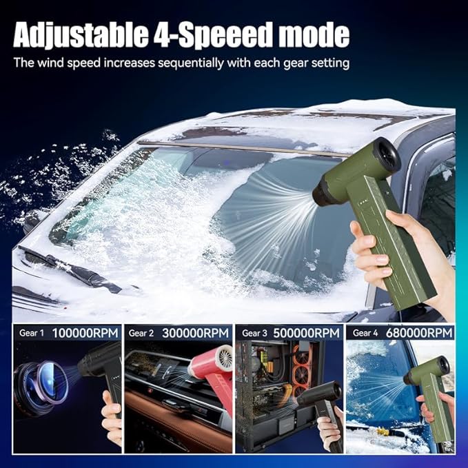 Compressed Air Duster 480000RPM Electric Air Duster Variable Speed 580G 4 Gear Adjustable Rechargeable Cordless Jet Dry Blower Turbo Fan Dryer Cleaning Air Blower Mini Car Vacuum Cleaner Army Green