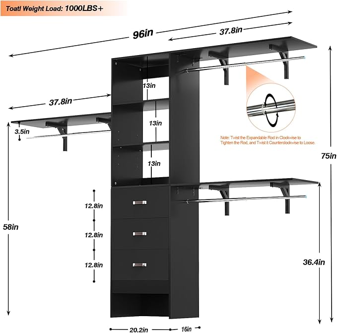 iSunirm 8FT Closet System, 96'' Closet Organizer System with 3 Hanging Rods, Wall Mount Bedroom Wardrobe with 3 Drawers Walk-in Closet, Adjustable Cloth Garment Rack from 5 to 8FT (Cut to Fit), Black