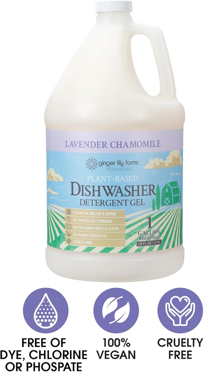 Ginger Lily Farms Botanicals Plant-Based Dishwasher Detergent Gel, 100% Vegan & Cruelty-Free, Lavender Chamomile Scent, 1 Gallon Refill (Pack of 4)