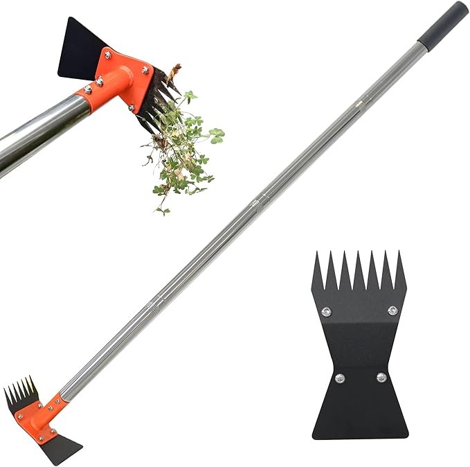 2-in-1 Garden Hoe and Weed Puller Rake, 60 Inch Adjustable Long Handle Weeding Tool Heavy Duty Spring Steel Head with Sand Grain Coating, Weed Remover for Garden, Yard, Lawn, Driveway