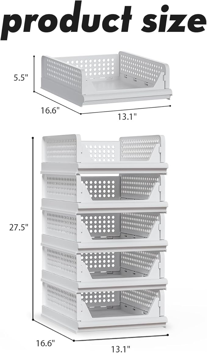 Proarea 5 Pack Stackable Storage Bins, Closet Organizers and Storage, Foldable Closet Organizer Baskets for Clothes, Plastic Drawer Bins for Closet Organization, Wardrobe Shelf, Laundry Room, White