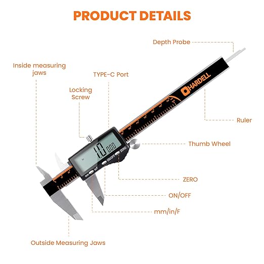 HARDELL Digital Caliper, Rechargeable Calipers with Large LCD Screen, Stainless Steel Caliper Measuring Tool, Auto-Off Micrometer, Inch/MM/Fraction for DIY/Household/3D-printing