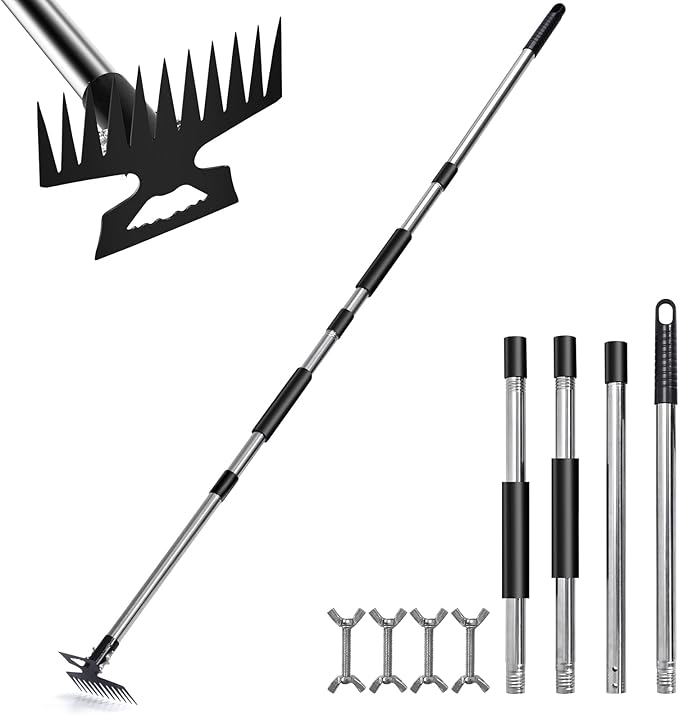 Stainless Steel Weed Puller Tool - Detachable 4-Section Handle with Saw Blade Weeder, 59" Root Remover for Lawn, Garden & Yard