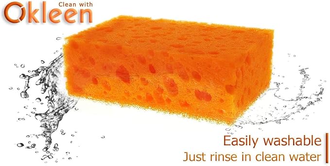 Orange Multi Use Scrub Sponge. Made in Europe. 18 Pack, 4.3x2.8x1.4 inches. Odorless Heavy Duty and Non Scratch Fiber. Durable and Delicate Scrubber for Oven and Stove, Bathroom and Basement