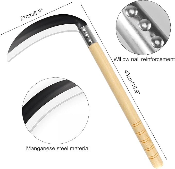 Carbon Steel Grass Sickle with Wood Handle, Gardening Weeding Weeder, Garden Hand Tool, Farming Weed Remover, Scythe Blade Cutter, Manual Mowing Blade Cutter, Thick Blade Quick Work