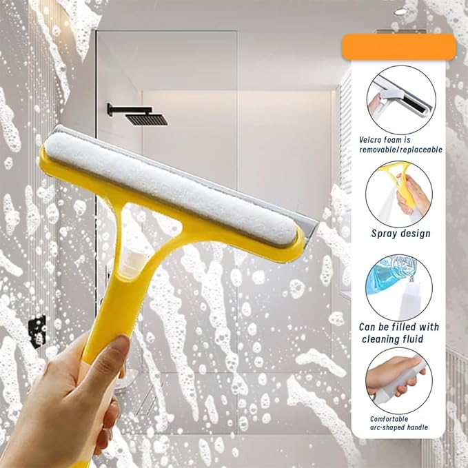 3 in 1 Window Cleaning Scraper, Squeegee with Sprayer, All-in-One Glass Cleaner Tool with Sponge & Rubber Blade for Shower Doors, Mirrors, Car Windows & Home Use