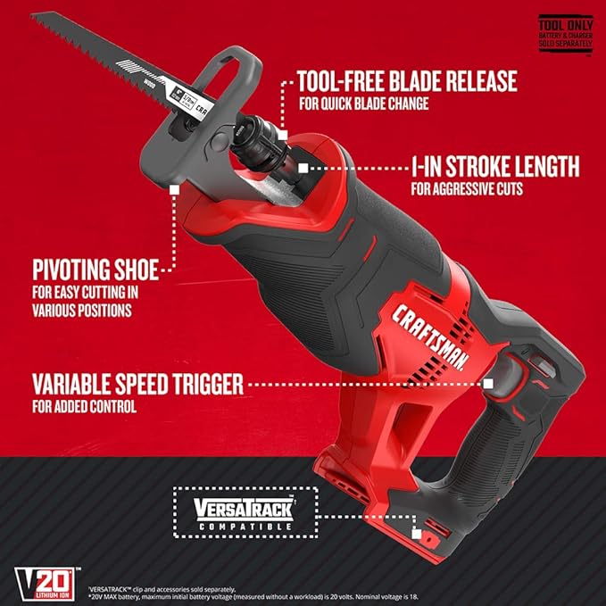 CRAFTSMAN V20 Reciprocating Saw, Cordless, 3,000 RPM, Variable Speed Trigger, Quick Easy Blade Change, Bare Tool Only (CMCS300B)