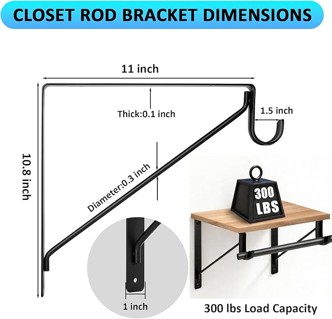 6 Pack Black Closet Rod Bracket 11 x 11 Inch, Heavy Duty Closet Shelf Brackets with Rod Shelving Support,Wall Mount Closet Rod Support Bracket with Screws,Supports 300 lbs