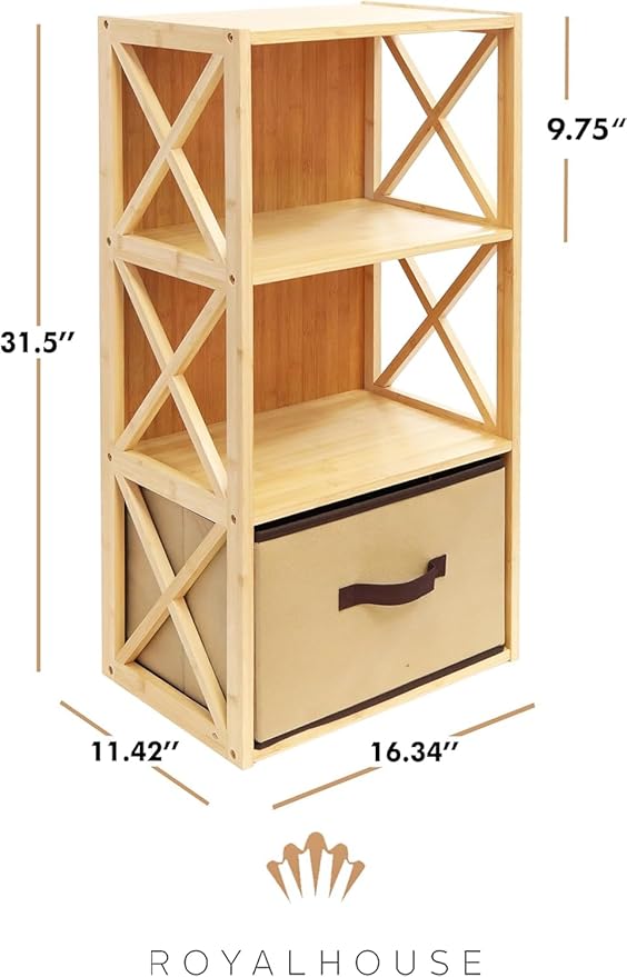 RoyalHouse 3-Tier Bamboo Storage Shelf with X-Design, Beige Fabric Drawer (3 Tier (11.42" D x 16.34" W x 31.5" H))