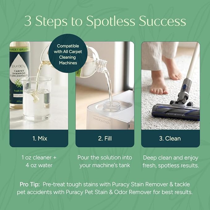 Puracy Carpet Shampoo – Plant Based Cleaner Solution for Shampooer, Pet Stain and Odor Remover, Low Foam Concentrate, Rug and Upholstery Care, Fresh Linen, 25oz