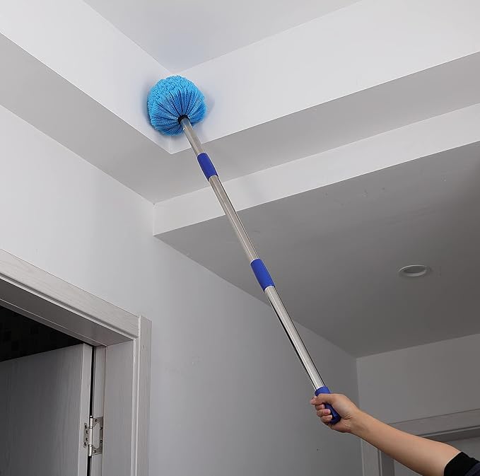 Cobweb Duster with Extension Pole - 4 FT Lightweight Stainless Steel Extendable Duster Ceiling Fan Duster for High Ceilings, Medium Stiff PET Bristle Spider Web Brush for Indoor/Outdoor Cleaning