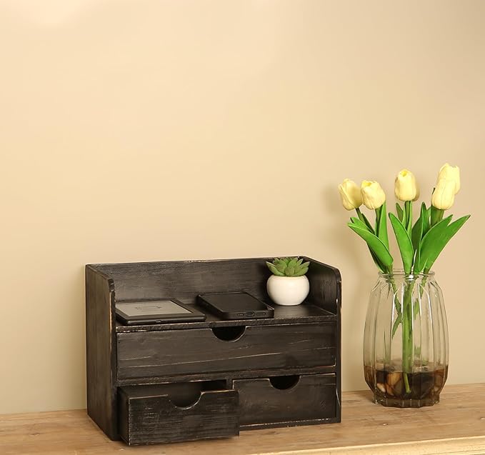 Vintage Rustic Wooden 3 Drawer with Shelf Office Desk Organizer & Mail Rack For Desktop,makeup holder Box for Office Home Toiletries Supplies Vanity, No Assembly Required (Rustic Black)
