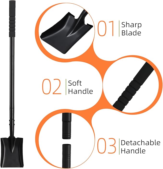 Small Square Shovel for Digging with Metal Handle, 43.3 Inch Heavy Duty Small Shovel, Trench Shovels Ideal for Digging Gardening Trenching Camping Planting Transferring, Black