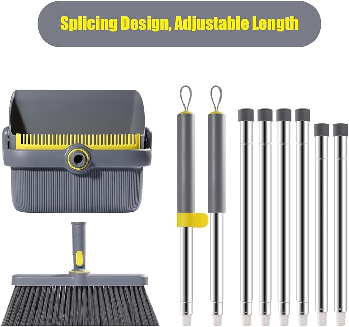 Broom and Dustpan Set with 54" Long Handle, Windproof Stand-Up Dustpan & Broom Combo with 8-Piece Cleaning Tool Kit for Home, Kitchen, Office & Pet Hair Cleaning