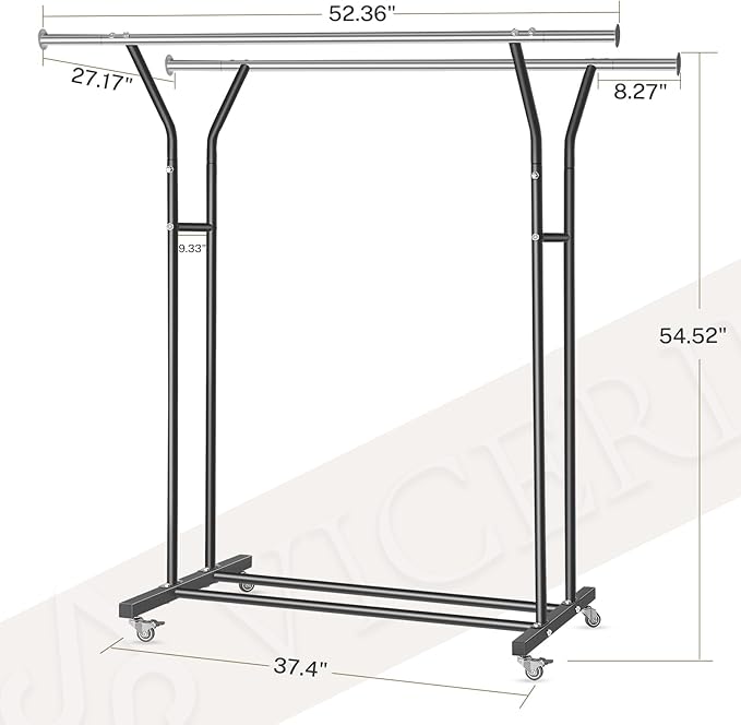 VICERII Clothing Rack, Heavy Duty Clothes Racks with Wheels and Bottom Shelf, 52.36’’ Metal Double Clothing Racks with Wheels, Wardrobe Rack for Hanging Clothes, Coats, Shirts, Skirts, Dresses, Black