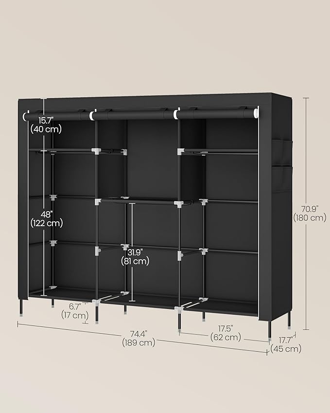 SONGMICS Portable Closet, Fabric Wardrobe, Clothes Rack with Shelves, Pockets, Large Capacity, 4 Hanging Rods, 74.4 x 17.7 x 70.9 Inches, Black URYG011BZ02