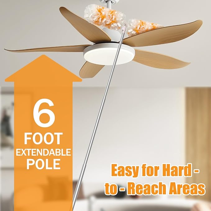 Gelibo 6ft Extendable Duster Handle with 5 Refills,Compatible with Swiffer,360°Rotating Ceiling Fan Dusters with Lock, Heavy Duty Microfiber Dusting Pads for Home Cleaning,Blinds,Hard-to-Reach Areas